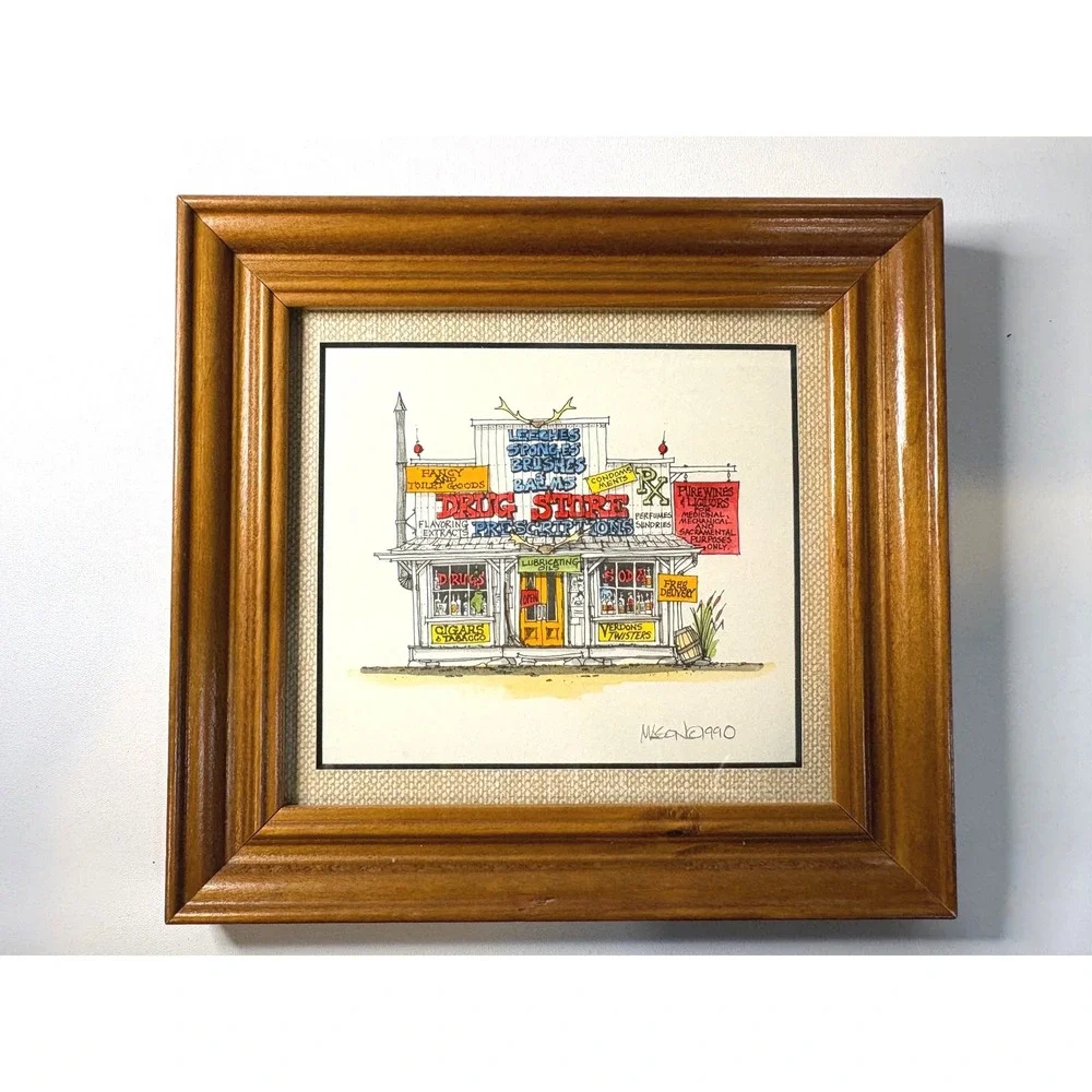 Roger Mason Signed Hand Watercolored Print Drug Store 1990 Framed Art 7x7 - Picture 1 of 6